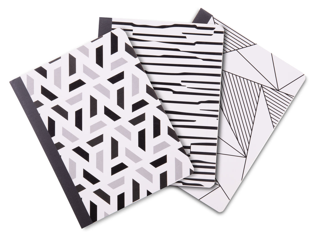 Black & White Geo Pattern Composition Book College Ruled  (3 Pack) - Mintra USA black-white-geo-pattern-composition-book-college-ruled-3-pack/geometric composition notebook